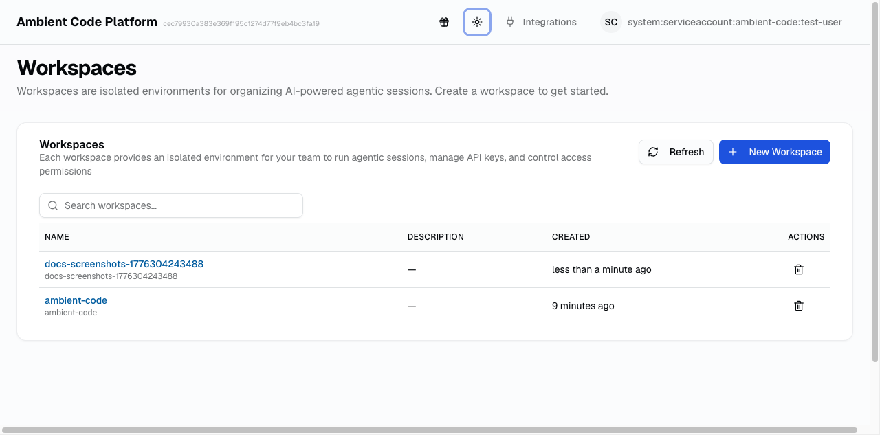 Workspaces page